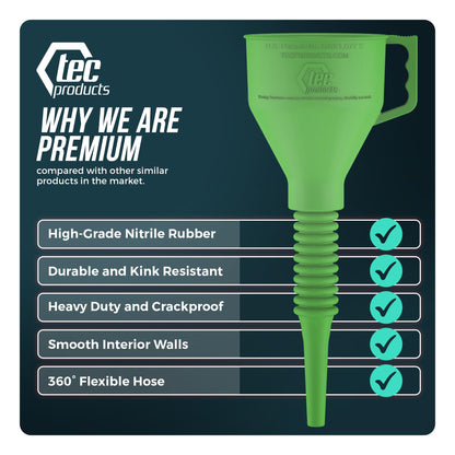 TEC Products FlexAll Long Flexible Funnels - Automotive Oil Funnel with Hose, Durable Nitrile Rubber for Oil Change, Transmission Funnel Fluid, Diesel, Fuel, Gas - Made in USA - Green (16 x 5 Inches)