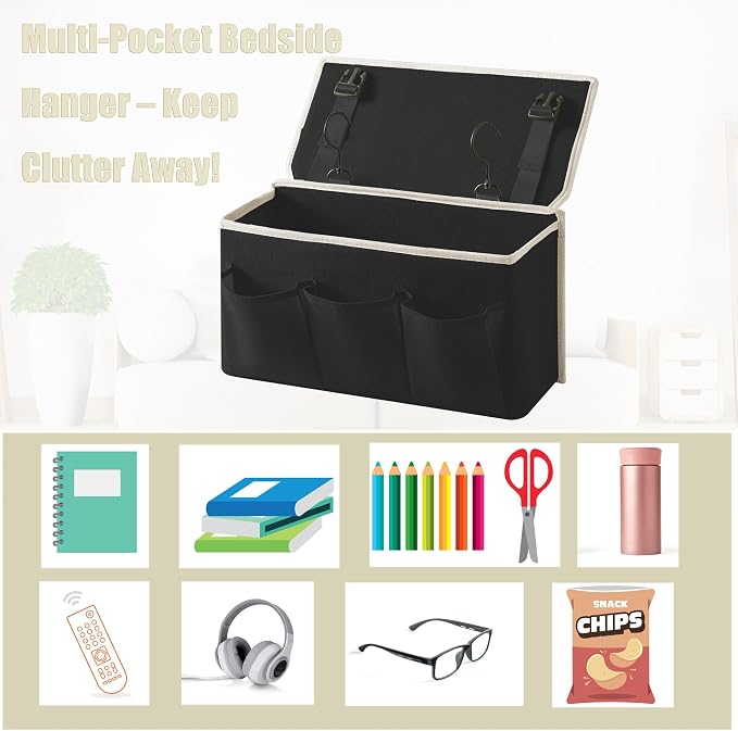 Bedside Caddy/Bedside Storage Organizer Hanging Bag with Three Options,Suitable for home beds, sofas, and dormitory beds—can hold magazines, books, phones, iPads, remote controls. (Black)