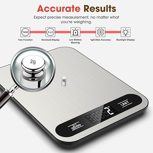 Mik-Nana Food Scale, 22lb Digital Kitchen Scale with 6 Units Tare Function & LCD Display, Stainless Steel Weight Grams and Ounces for Baking, Cooking and Meal Prep (Batteries Included)
