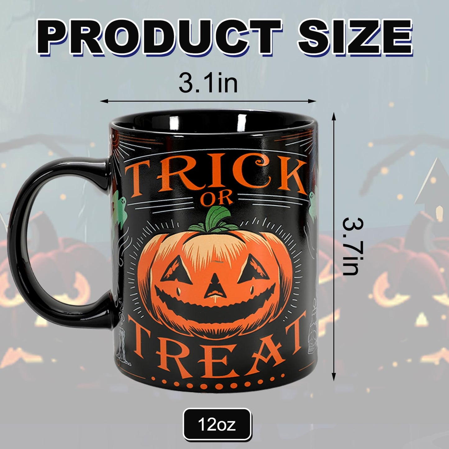 JarThenaAMCS 4Pcs Halloween Mugs Pumpkin Black Cat Ghost Skeleton Coffee Mug Orange Black Ceramic Drinking Cup for Halloween Party Table Centerpieces, 12oz