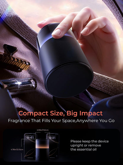 Pmsusoow Battery Operated Waterless Diffuser – Portable Scent Machine for Car, Office & Bedroom, Ultrasonic Aroma Mist with 9 Color LED Light, Mini Essential Oil Diffuser Obsidian Black