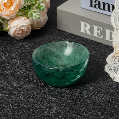 MOGEMT Natural Green Fluorite Crystal Bowl Hand-Carved Round Fluorite Crystals Gemstone Bowl Reiki Healing Home Decoration Gift 3.5-4"
