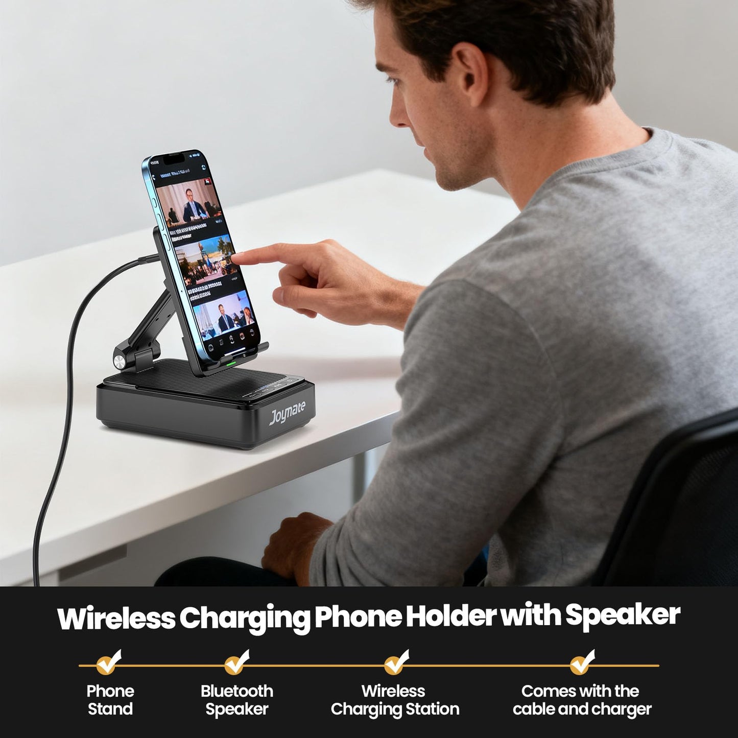Joymate Gifts for Men and Women, Wireless Phone Charger Stand with Bluetooth Speaker and Adjustable Angle Phone Holder for Desk Tech Gift for Birthday/Valentines Day/Christmas(Black)