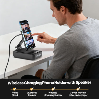 Joymate Gifts for Men and Women, Wireless Phone Charger Stand with Bluetooth Speaker and Adjustable Angle Phone Holder for Desk Tech Gift for Birthday/Valentines Day/Christmas(Black)