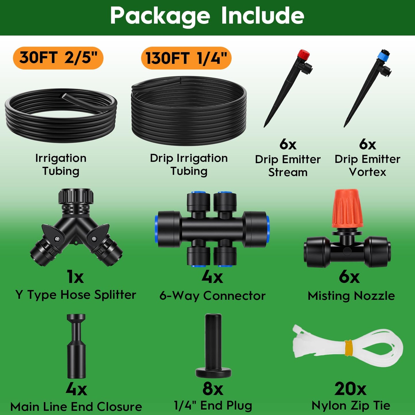 Quick-Connect Drip Irrigation System Kit, Irrigation Kit with Adjustable Nozzles, 2/5" & 1/4" Tubing, Automatic Watering System for Garden, Raised Beds, Greenhouse, Automatic Timer Compatible