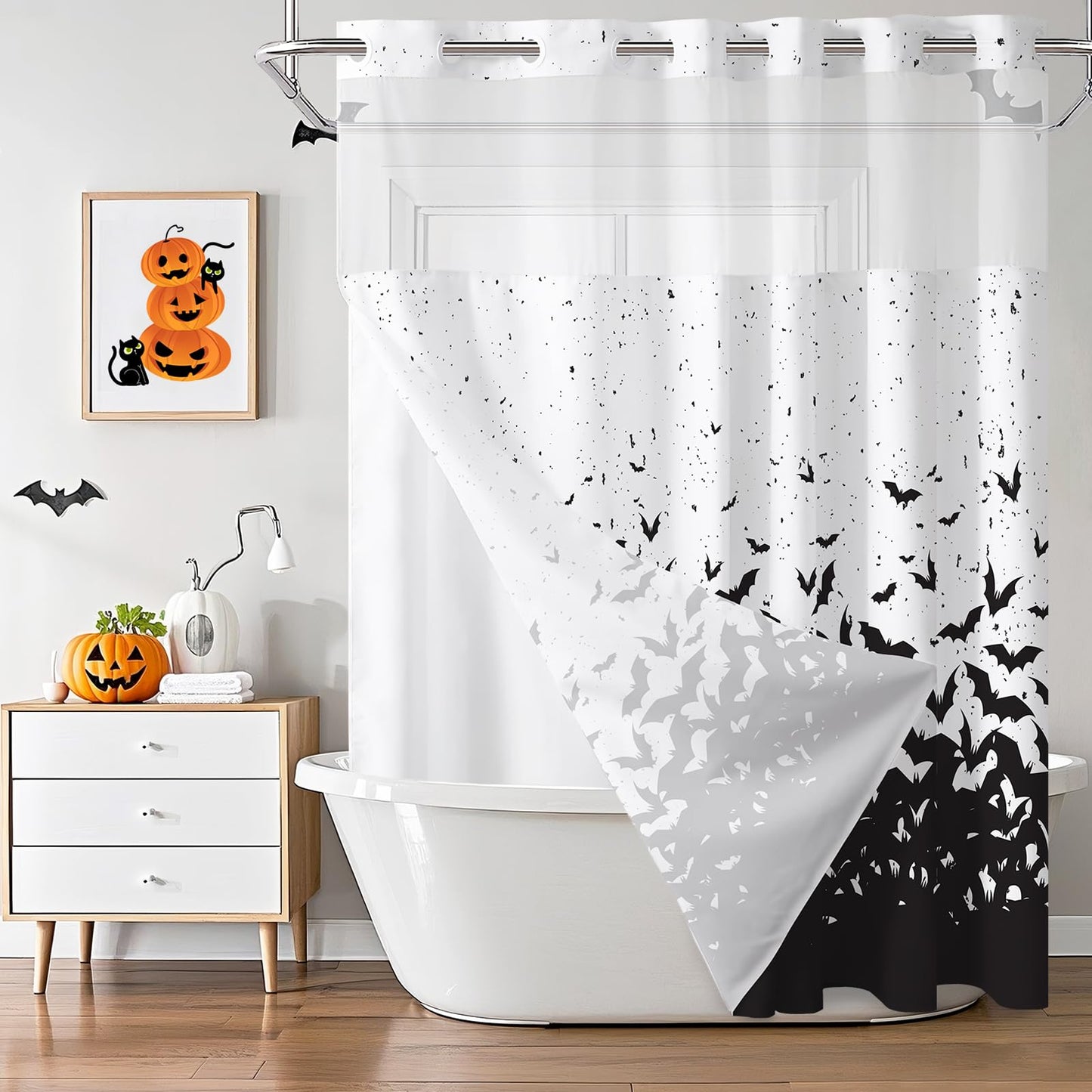MEHOFOND No Hook Halloween Shower Curtain with Snap in Liner,Hookless Bat Shower Curtain,Black Flying Bat Horror Scary Halloween Bathroom Decor Waterproof Washable Polyester Fabric Curtain 71X74inch