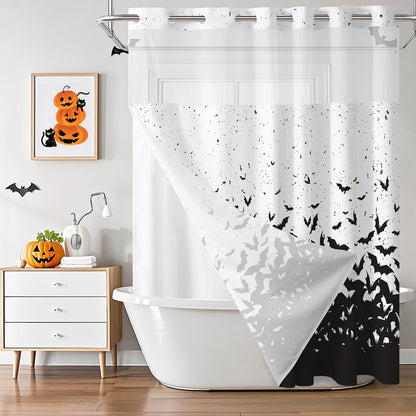 MEHOFOND No Hook Halloween Shower Curtain with Snap in Liner,Hookless Bat Shower Curtain,Black Flying Bat Horror Scary Halloween Bathroom Decor Waterproof Washable Polyester Fabric Curtain 71X74inch