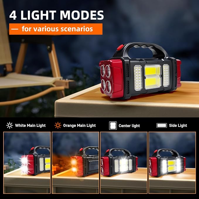 Solar Handheld Flashlight, 4 Lighting Modes Rechargeable LED Work Light, USB-C & Solar Powered Portable Lantern,Emergency Camping Light for Outdoor, Hiking, Power Outage (Gold-1pcs)