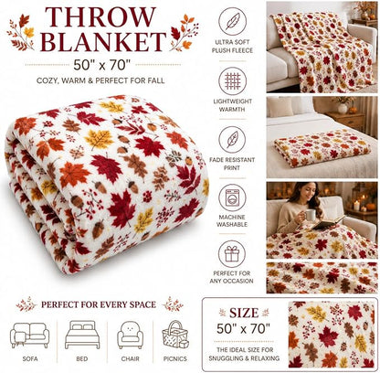 Fall Decor Throw Blanket: Soft Warm Autumn Leaves and Berries in Red Yellow Brown Beige Colors for Living Room Couch Bed Chair Dorm, Oversized 50" x 70" inches