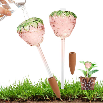 Yurucenus Strawberry-Shaped Glass Plant Watering Globes (Set of 2) - Vacation Plant Watering Devices with Terracotta Spikes, Top-Fill Watering Globes, Self Watering Planter Insert for Plants