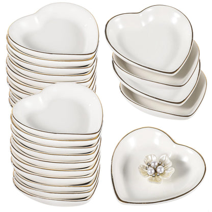 Toyosport 24 PCS Heart Shaped Trinket Dishes, Ceramic Jewelry Trays for Earrings, Necklaces, Bracelets, Engagement Wedding Ring Dish, Elegant Golden Edge