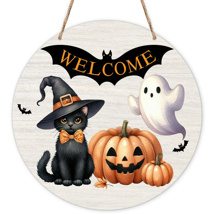Halloween Welcome Sign, Bat Wooden Front Door Hanger Decorations, Pumpkin Ghost Signs Hanging Wall Decor for Porch Farmhouse Indoor, Halloween Party Supplies-04