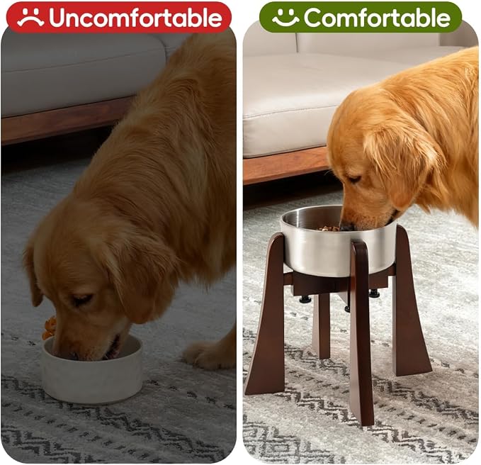 Elevated Bowl Stand 12-inch with Heavy Duty Beech Wood Made, Anti-Vomit Design for Medium Breed, Senior Dogs, Ergonomic Neck Protecting, Adjustable Diameter, Easy Clean Non Toxic