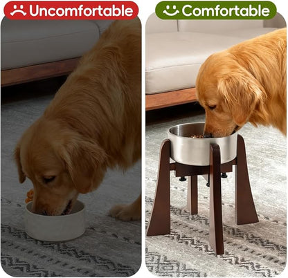 Elevated Bowl Stand 12-inch with Heavy Duty Beech Wood Made, Anti-Vomit Design for Medium Breed, Senior Dogs, Ergonomic Neck Protecting, Adjustable Diameter, Easy Clean Non Toxic