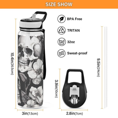 GOODOLD White Skull 32 oz Water Bottle - Clear Tritan, BPA-Free, LeakProof with Carry Strap for Sports, Gym & Outdoor Activities