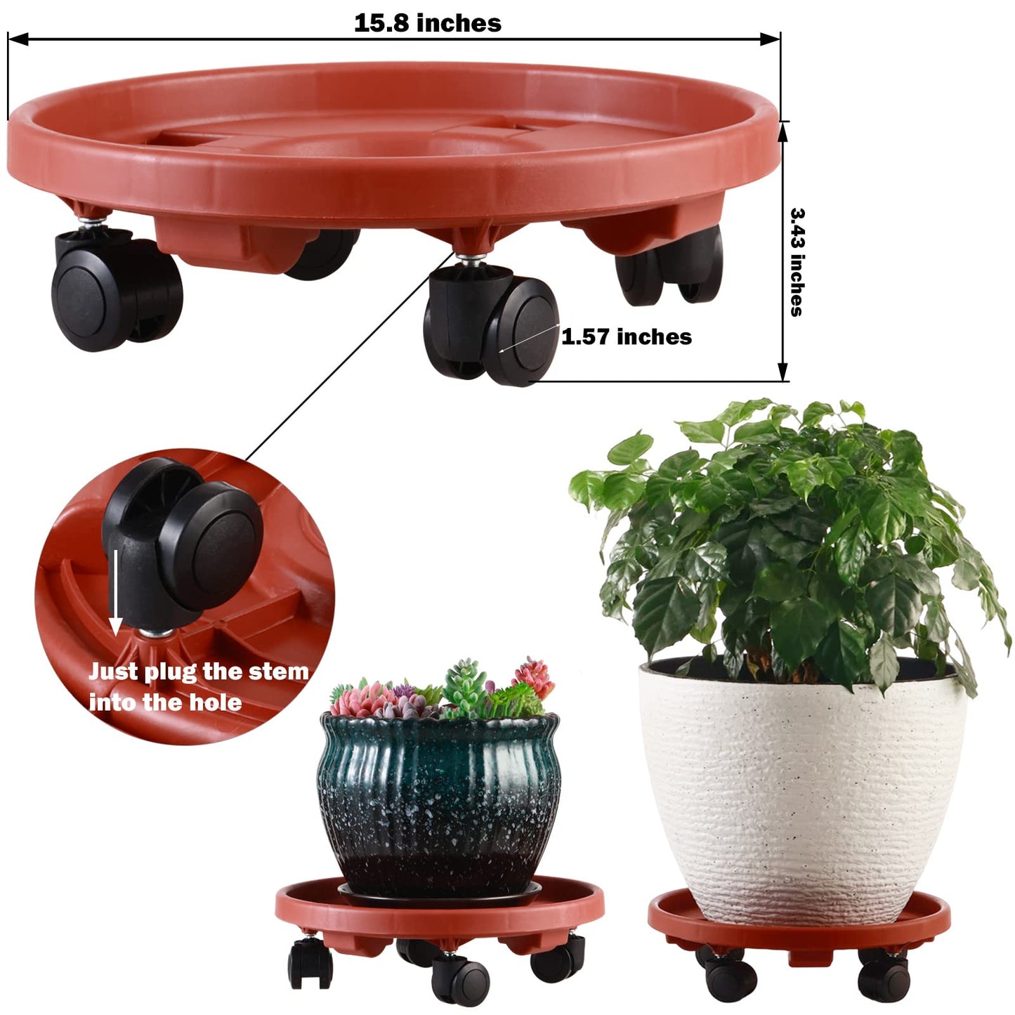 3 Pakcs Large Plant Caddy with Wheels 15.8" Rolling Plant Stands Heavy-duty Plastic Plant Roller Base Pot Movers Plant Saucer on Wheels Indoor Outdoor Plant Dolly with Casters Planter Tray Red