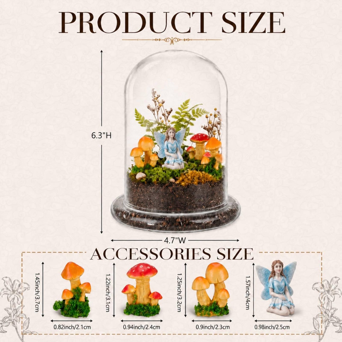 Hushee 5 Pcs 6.3'' x 4.7'' Glass Plant Dome with Mushroom & Fairy Figurines Decorative Humidity Glass Cloche with Base for Indoor Plants Succulents, Miniature Garden Decor for Tabletop - No Plants