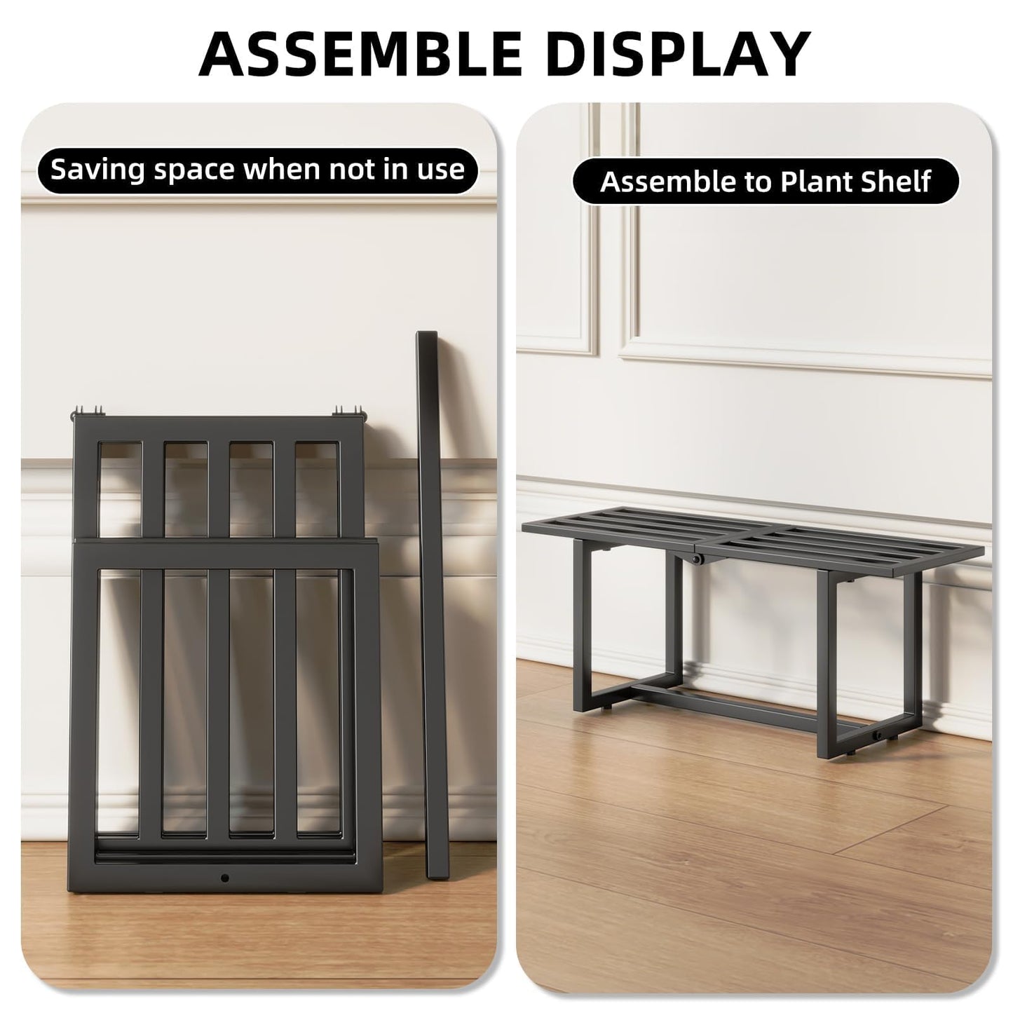 Rioneta Plant Stand Indoor Outdoor, Foldable Metal Plant Shelf for Multiple Pots, Mid Century Slatted Bench for Patio Garden, Heavy Duty Capacity 330 lbs 2 Pack Black