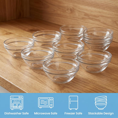 Bgtecho 8 Pcs Small Glass Pinch Bowl, 1.5oz Clear Mini Glass Bowls, 2.4 Inch Dipping Sauce Bowls, Stackable Prep Bowl for Spices Salt Dipping Sauce Candy Nuts, Dishwasher & Freezer Safe