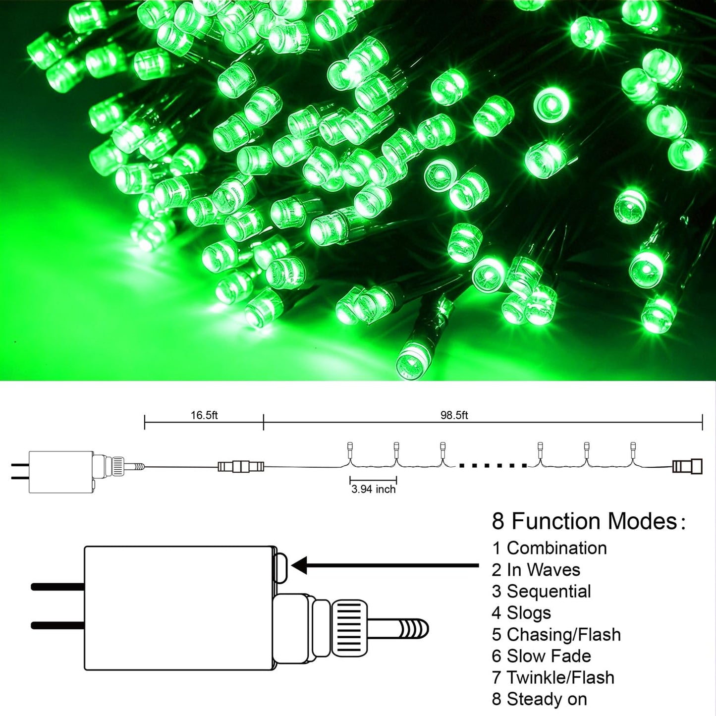 300 LED St Patricks Day Lights, 98.5FT Christmas String Lights with 8 Lighting Modes, Waterproof & Connectable Mini Lights, Plug in for Indoor Outdoor Holiday Xmas Party Bedroom Decorations (Green)