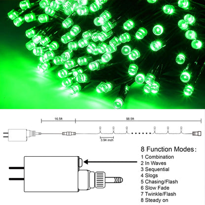 300 LED St Patricks Day Lights, 98.5FT Christmas String Lights with 8 Lighting Modes, Waterproof & Connectable Mini Lights, Plug in for Indoor Outdoor Holiday Xmas Party Bedroom Decorations (Green)