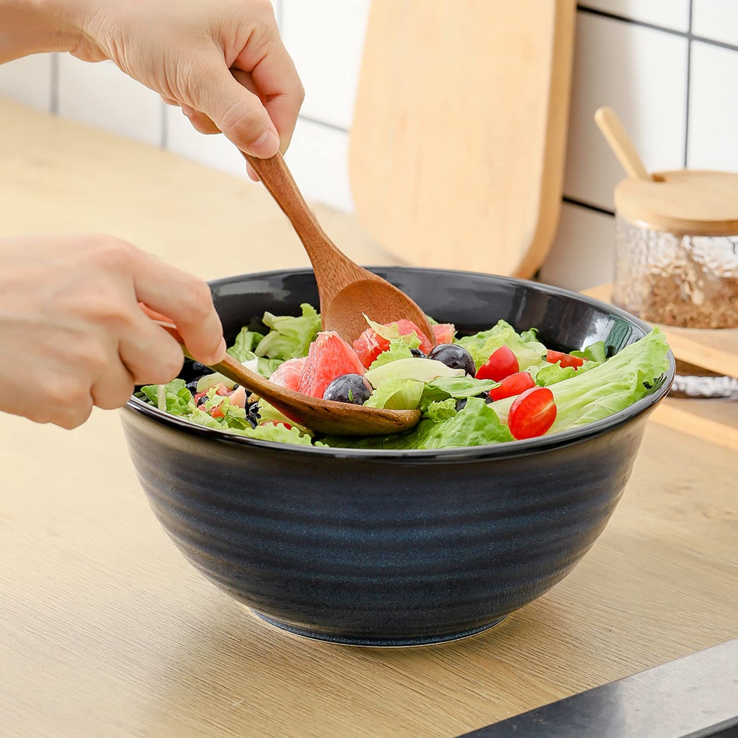 HASENSE Ceramic Serving Bowls, 9 Inch Large Salad Bowls for Kitchen, 84 Ounce Mixing Bowl Set of 2, Ideal for Soup Pho Pasta Popcorn, Dishwasher & Microwave Safe(Blue)