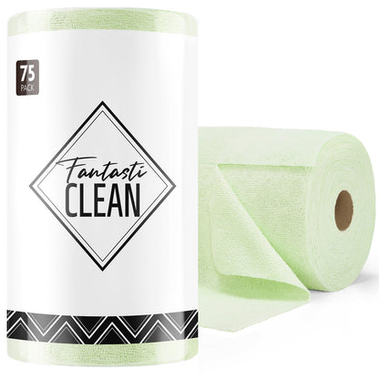 Fantasticlean Microfiber Cleaning Cloth Roll -75 Pack, Tear Away Microfiber Towels, 12" x 12", Reusable, Washable, Scratch Free, Ultra Absorbent Dishcloth for All-Around Cleaning Supplies (Green)