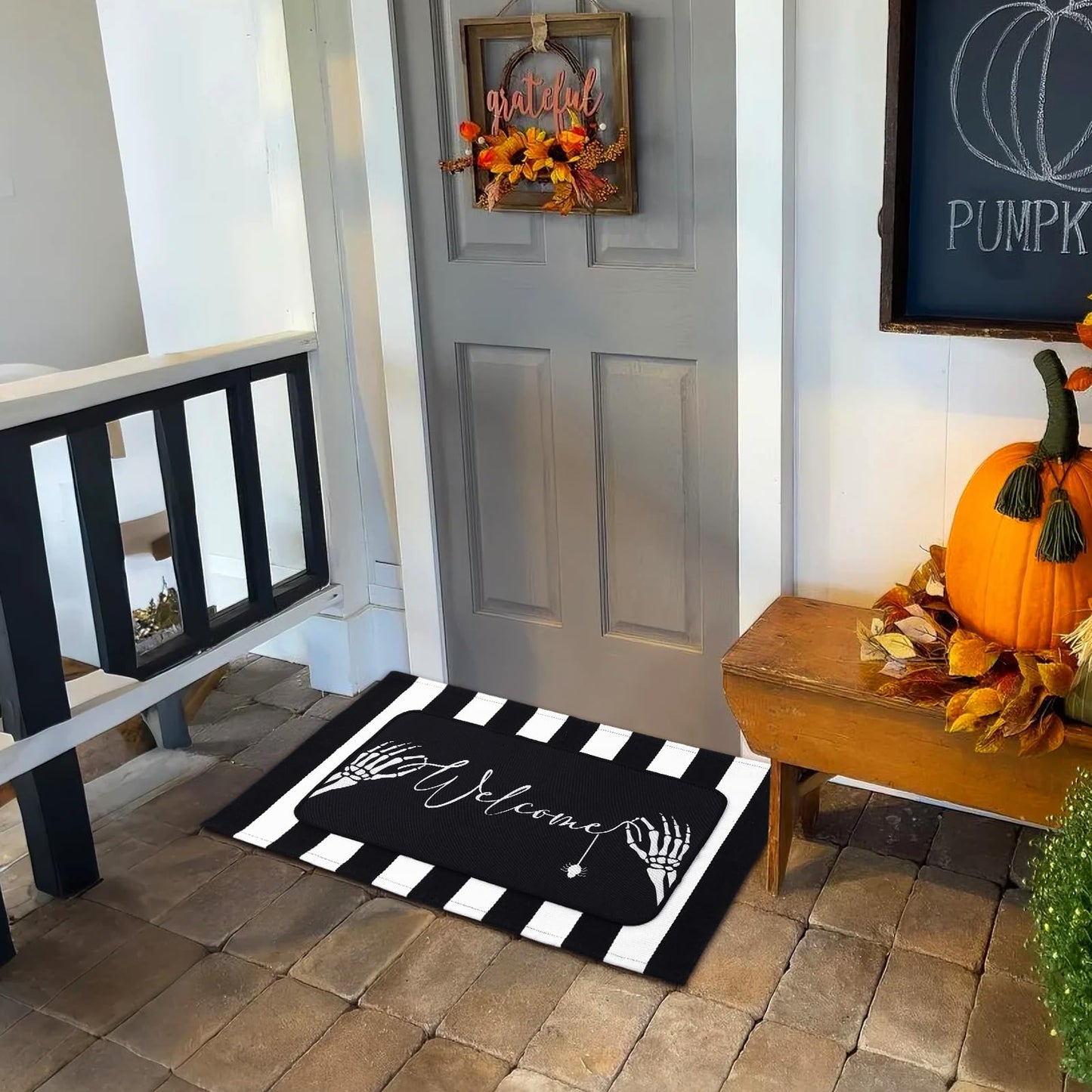 Tinideya 2 Pcs Summer Halloween Door Mats Outdoor Gothic Skull Welcome Front Doormat Linen Rubber Layered Black White Striped Skeleton Mats Nonslip Washable Halloween Decor for Front Porch Entryway