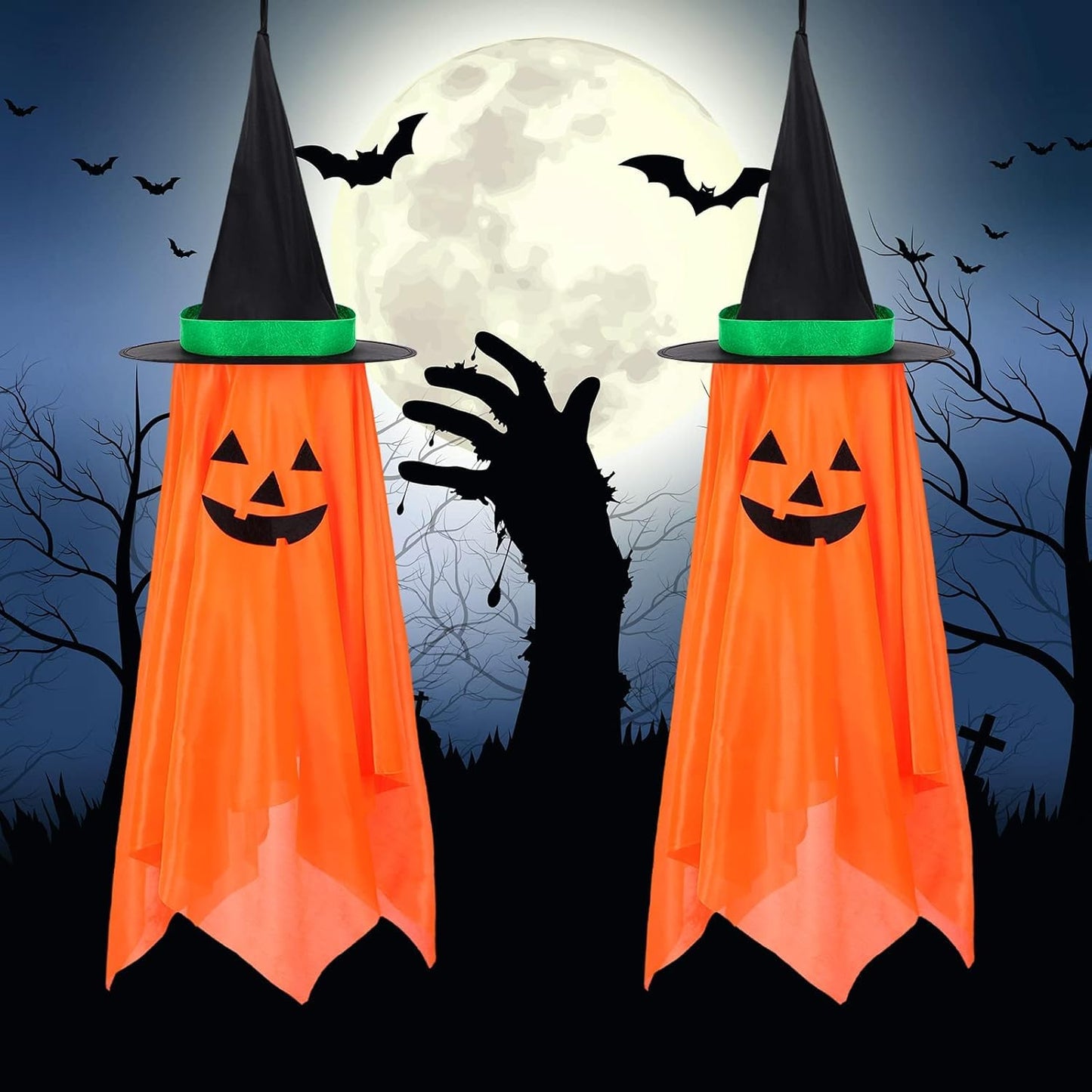 2Pcs Halloween Decorations, Halloween Pumpkin Decorations, Hanging Pumpkin Witch Hats Ornaments for Home Garden Yard Party