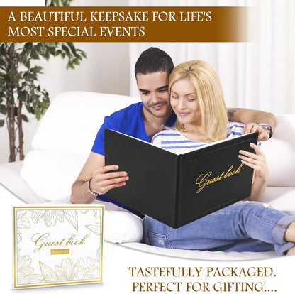 8x10 Leather Guest Book and Standup Sign Set, Gold Foiled Cover Registry Book for Wedding Reception, Retirement Party, Vacation Homes and Events, 120 Pages (Black)
