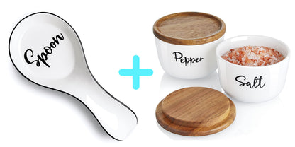 Ceramic Spoon Rest for Stove Top, DAYYET Large Spoon Holder, Farmhouse Spoon Rest for Kitchen Counter, White Bundle Farmhouse Salt and Pepper Bowls, 10 oz Ceramic Salt Cellar with Wooden Lid