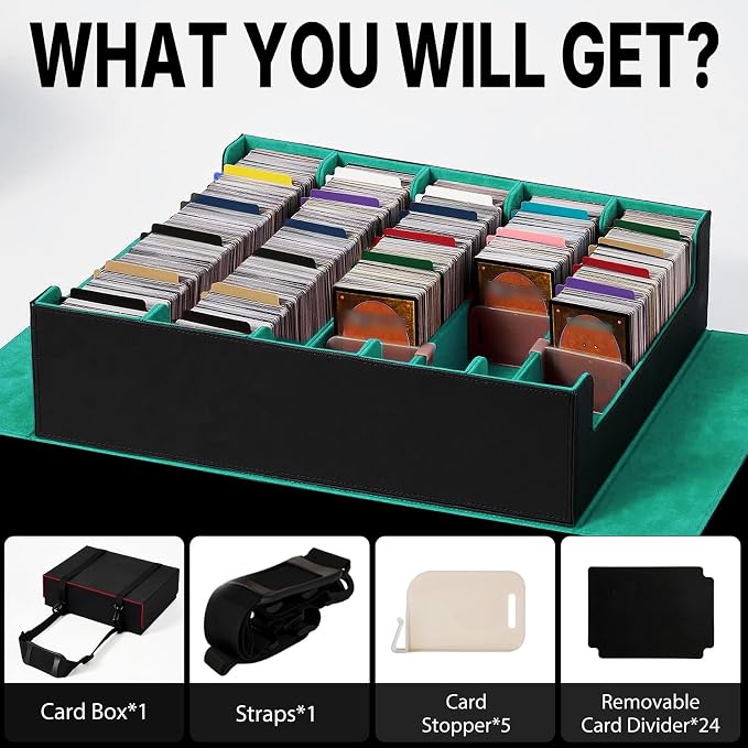 Magnetic Leather Trading Card Storage Box - 5-Row Deck Case Design, 3900+ Capacity for YuGiOh, MTG, TCG and Sports Cards, Includes 24 Colorful Dividers & 5 Card Supports (Black/Green)