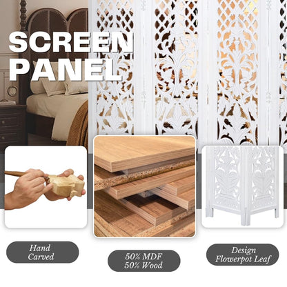 Room Divider Wood Screen Panel – White, 4-Panel Folding 64"x54", Hand-Carved, Reversible Privacy Partition, Decorative & Functional Portable Room Divider for Home or Office