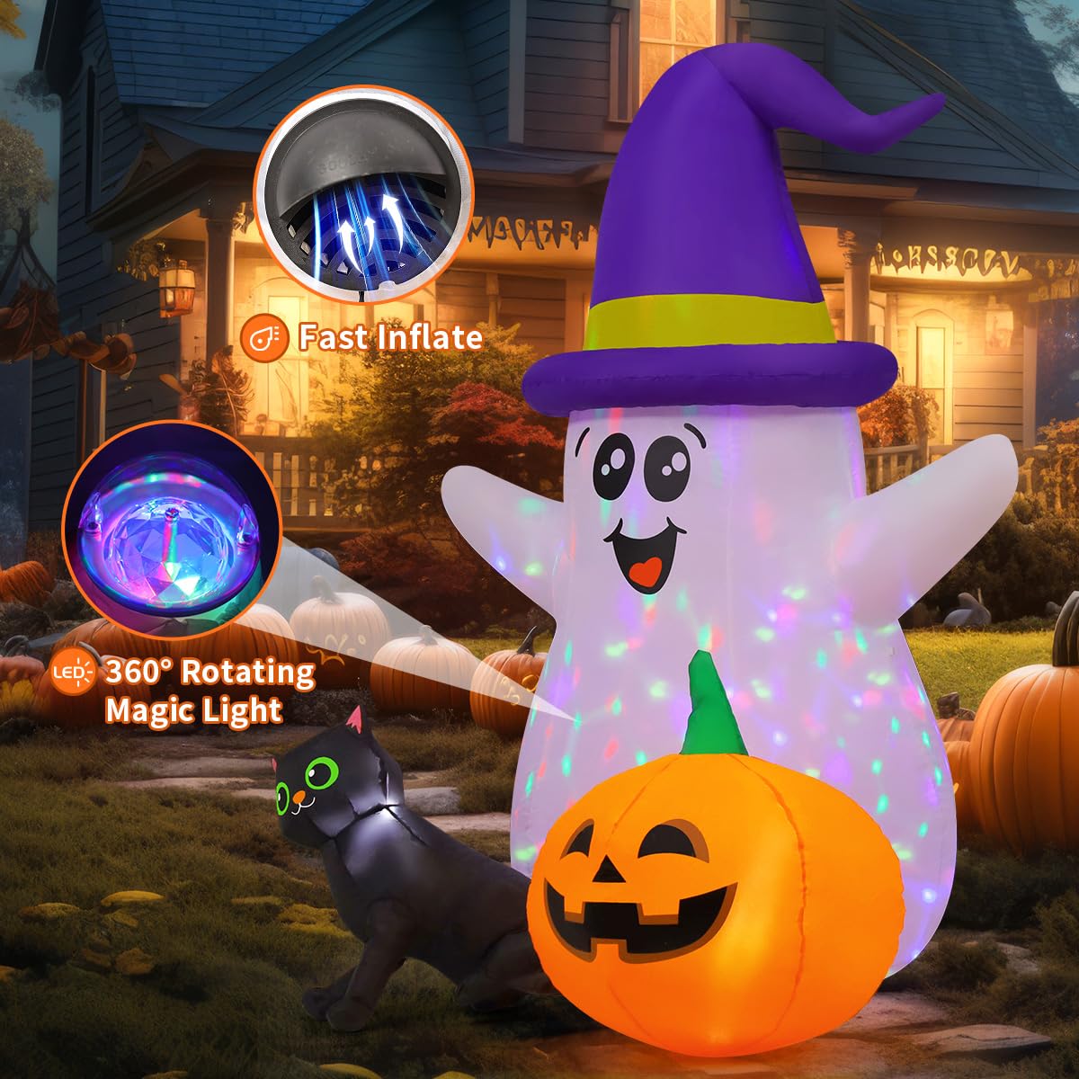 GOOSH 5 FT Halloween Inflatables Ghost Outdoor Decorations Blow Up Yard Cute Wizard Ghost with Black Cat Pumpkin with Built-in LEDs for Garden Lawn Indoor Party Decor