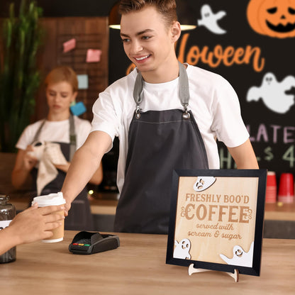 FRESHLY BOO’D COFFEE Halloween Signs with Stand, Funny Halloween Coffee Bar Decorations, Wooden Halloween Kitchen Decor Accessories, Cute Coffee Bar Wood Sign, Halloween Retro Home Decor Room Indoor Stuff