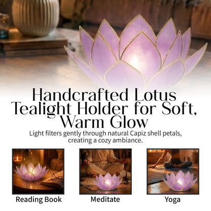 Om Gallery Mini Gemstone Lotus Tealight Holder - Handcrafted Capiz Shell Design for Soft Glow, Elegant Home & Table Decor, Wedding Centerpieces, Votive Candle Styling & Thoughtful Gifting - Amethyst