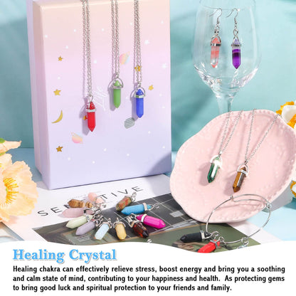 ROADPLUM 40Pcs Healing Crystal Pendants, Glow in the Dark Gemstones Charms Quartz Stone, Hexagonal Crystals Pointed Chakra, Natural Crystal Necklace Pendants for Jewelry Making with Storage Box
