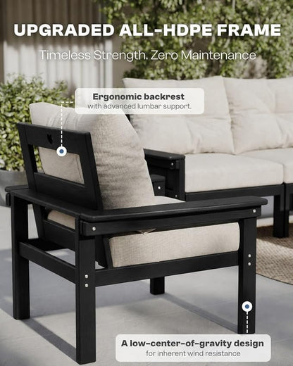 HDPE Outdoor Patio Furniture Set, 6-Piece Patio Conversation Sets with Coffee Table & Side Table & Beige Washable Thick Cushions, Outdoor Sofa for Balcony, Porch (Black Frame)