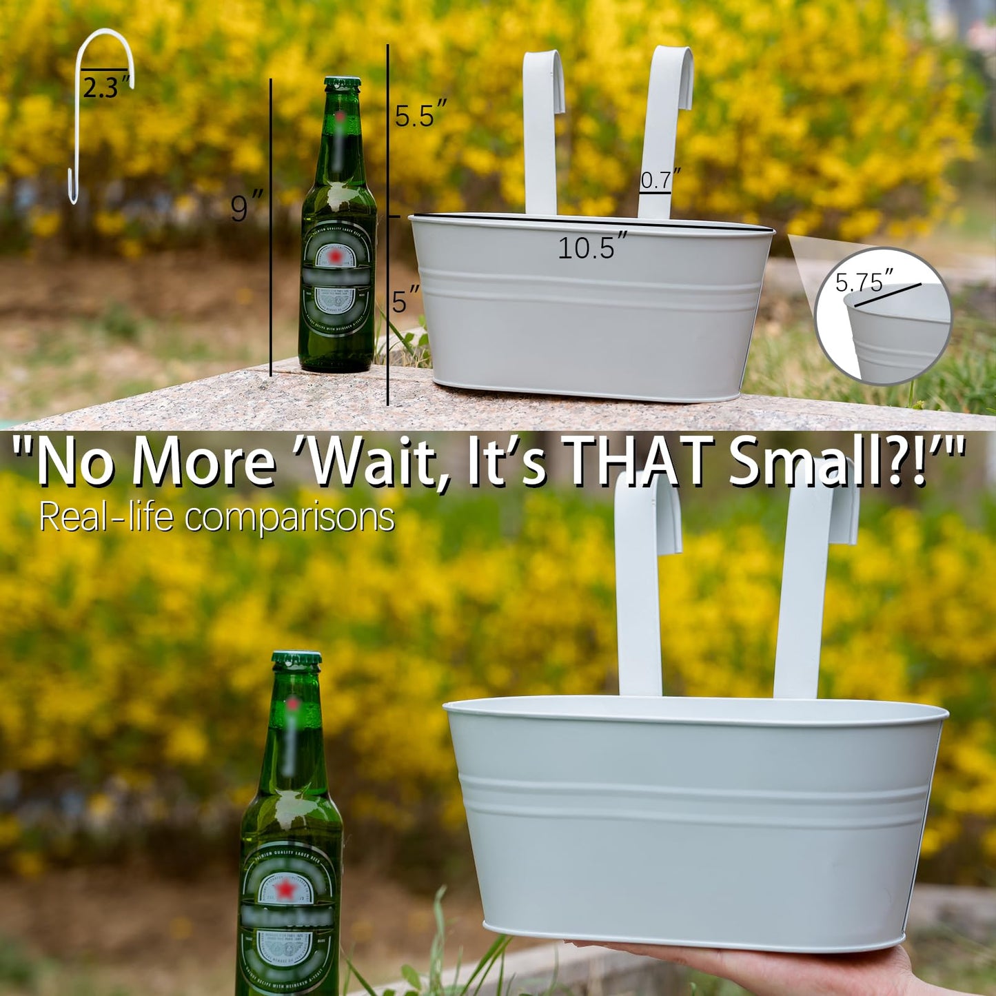 pansparade 3 Pack Metal Hanging Flower Pots for Railing Fence，Outdoor Balcony Rail Planter with Detachable Hooks Drainage Holes for Deck Garden Home Decor White