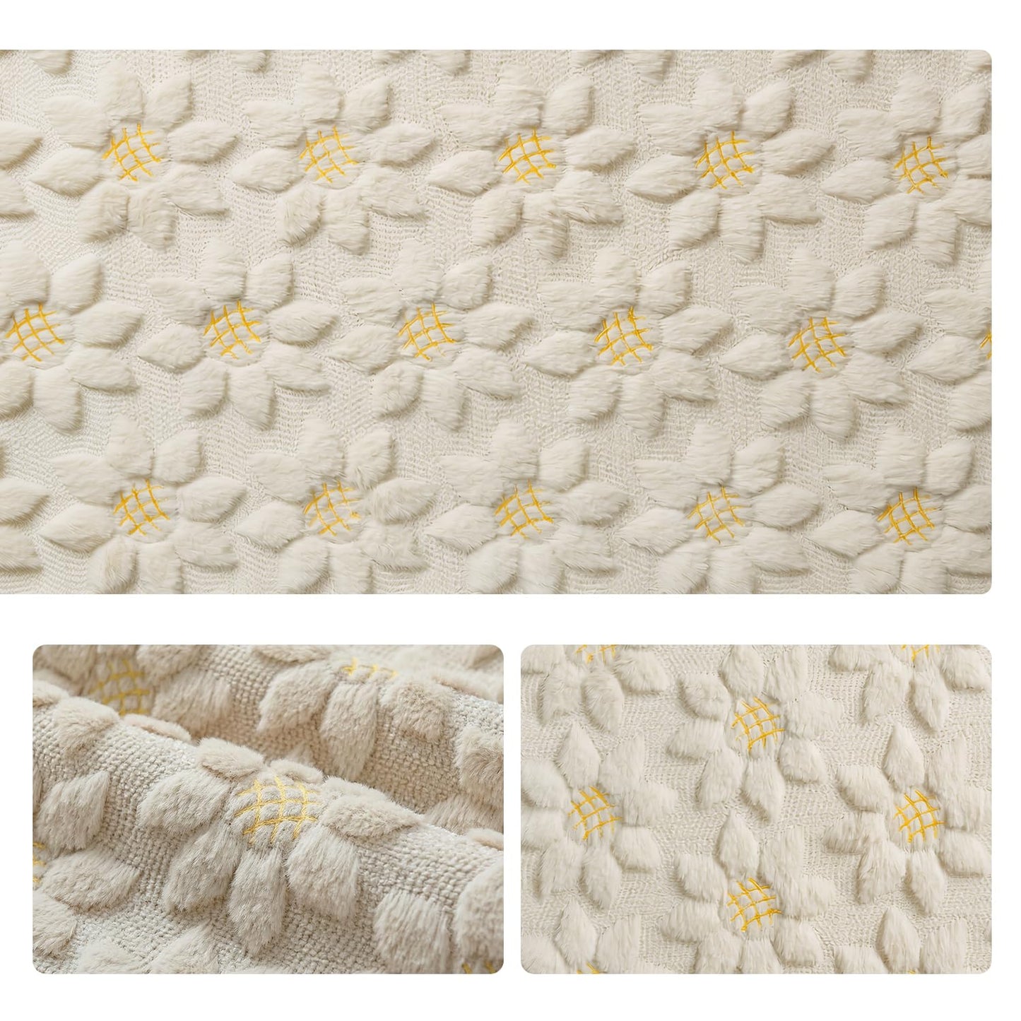 Artoid Mode Beige Soft Plush Faux Fur Jacquard Embroidery Sunflower Spring Table Runner, Kitchen Dining Table Decoration for Home Party Decor 13x48 Inch
