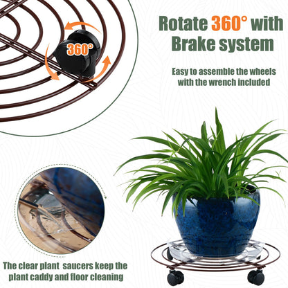 KvyusFlourish 6 Packs Large Metal Plant Caddy with Wheels 13" Rolling Plant Stands Heavy-duty Wrought Iron Plant Roller Base Pot Movers Plant Saucer on Wheels Bronze