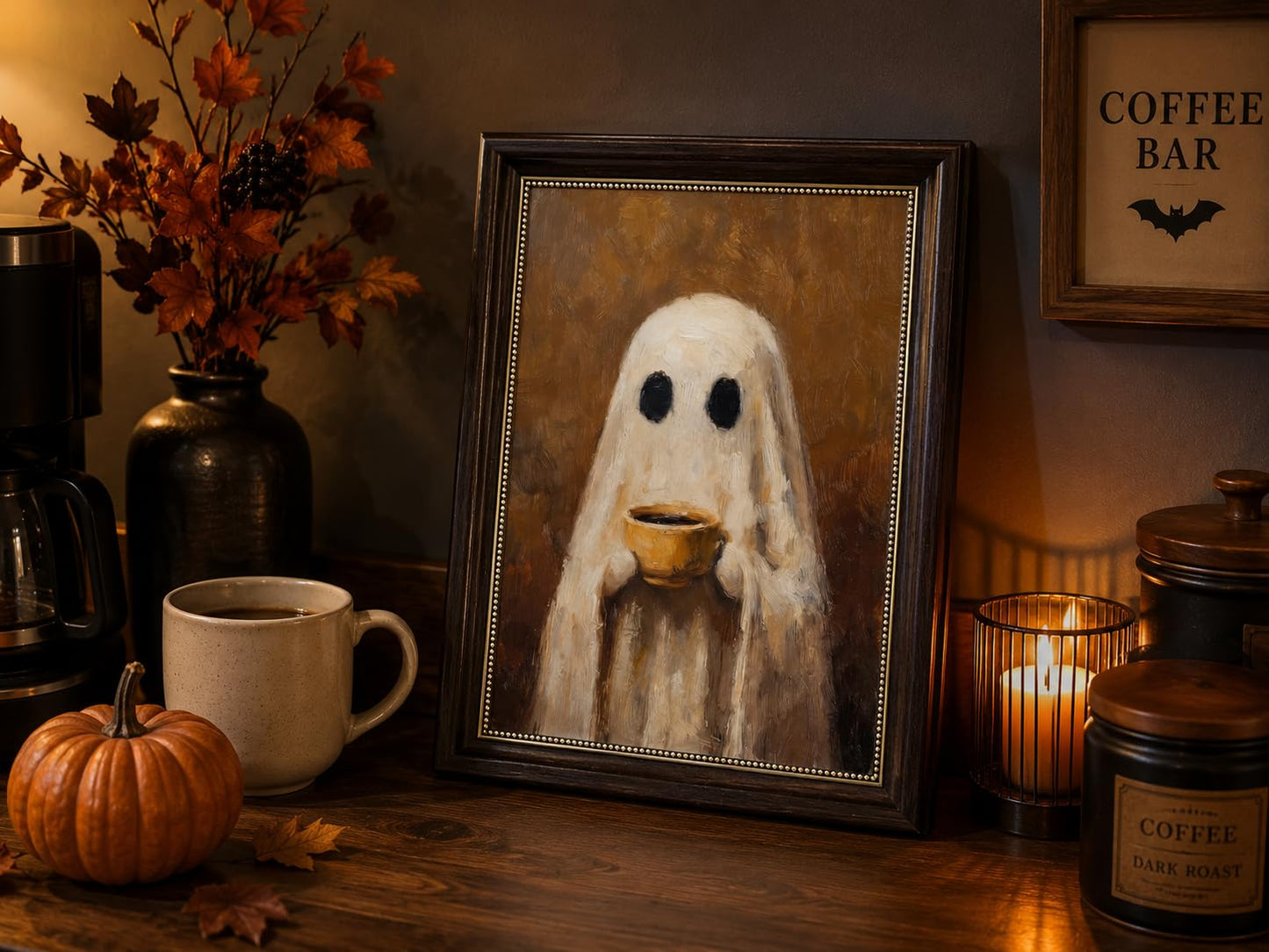 Ghost Kitchen Wall Art 9x11 Dark Brown Framed Canvas Print Cute Ghost Drinking Coffee Picture Dark Academia Coffee Bar Decor for Halloween Fall
