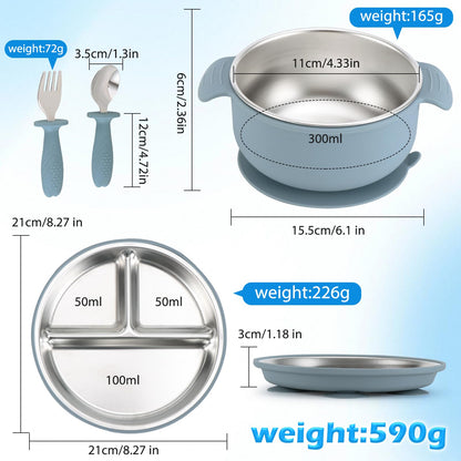 Silicone Feeding Set,Stainless Steel Suction Plate,Baby Utensil Set.Include a Spoon,a Fork, a Plate,a Stainless Steel Kids Bowl.