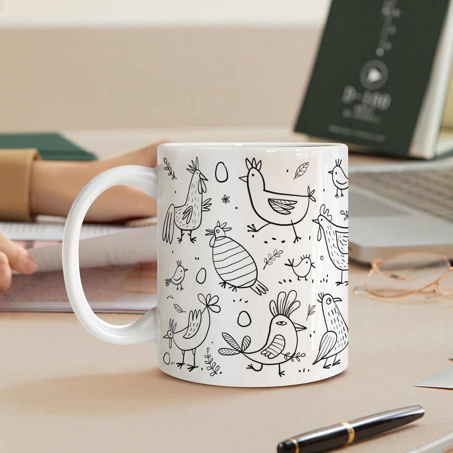 Funny Chicken Design Coffee Mug for Poultry Lovers - Farmhouse Ceramic Cup with Flock Illustration, Country Style Gift for Women & Men, Christmas Birthday Present-258