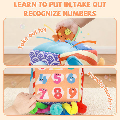 SAIMAND Baby Toys 6-12 Months–Mystery Soft Box with 5 Plush Marine Animals,Rattle,Crinkle Paper & Mirror–Montessori Sensory Toys for 6 Month Old Babies 1-3 Year Old Boy Girl Birthday