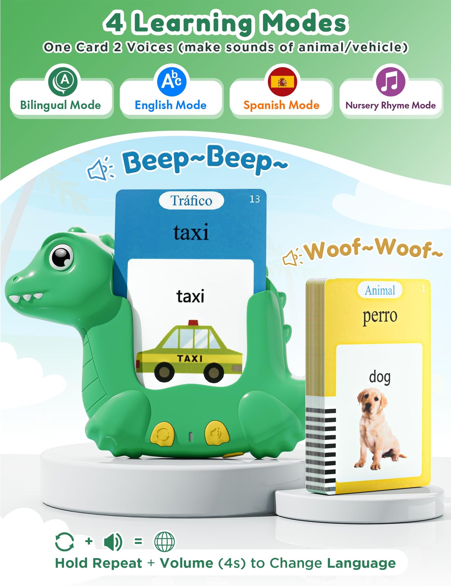 Spanish and English Talking Flash Cards for Toddlers with 510 Sight Words, Dinosaur Shaped Bilingual Buddy Pocket Speech Therapy Autism Toys, Educational Learning Toys Gift for Kid Boys Girls