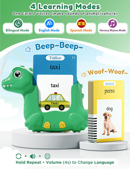 Spanish and English Talking Flash Cards for Toddlers with 510 Sight Words, Dinosaur Shaped Bilingual Buddy Pocket Speech Therapy Autism Toys, Educational Learning Toys Gift for Kid Boys Girls