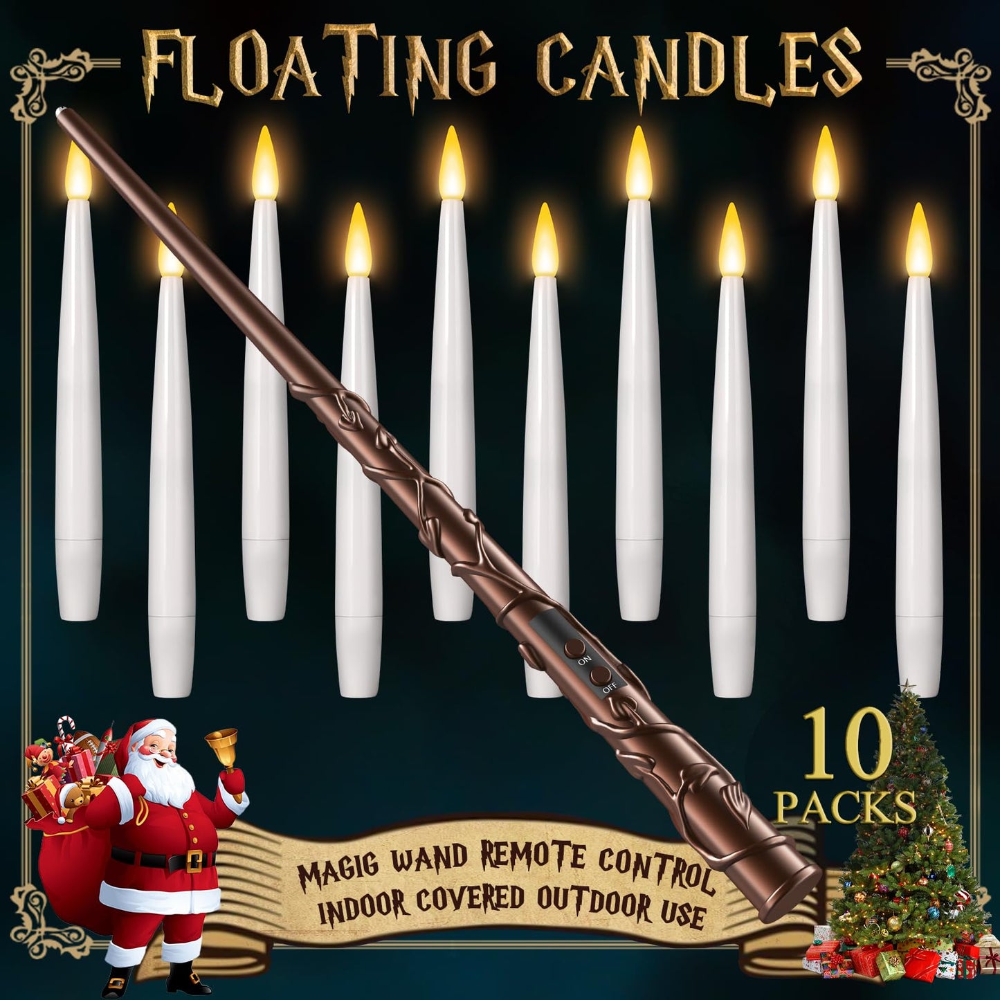 Floating Candles with Wand - Christmas Magic Hanging Flameless Candles Taper Candles with Remote for Halloween Window Home Bedroom Birthday Party Decorations (10 PCS White Candles + 1 Brown Wand)