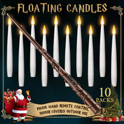 Floating Candles with Wand - Christmas Magic Hanging Flameless Candles Taper Candles with Remote for Halloween Window Home Bedroom Birthday Party Decorations (10 PCS White Candles + 1 Brown Wand)