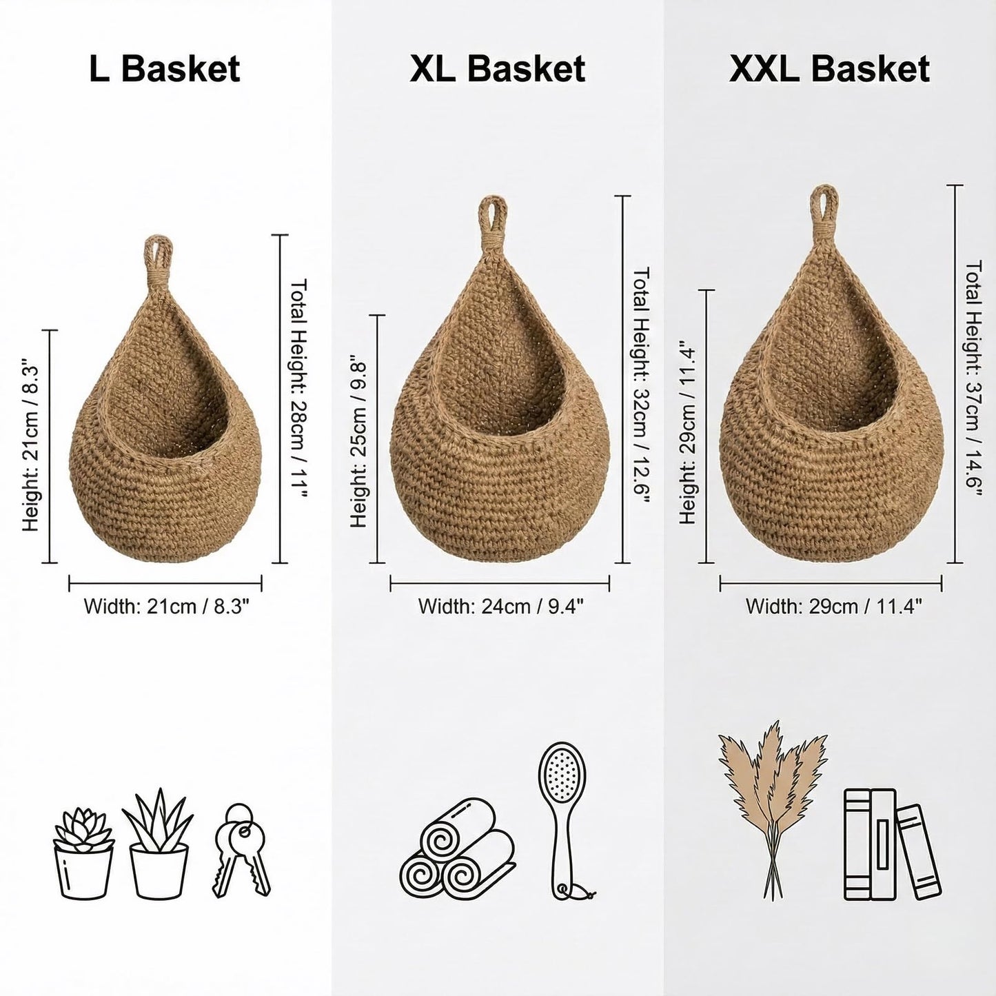 3 Pack Hanging Fruit Basket - Boho Kitchen Wall Decor for Vegetable Onion Potato Storage, Woven Teardrop Organizer - Cotton Rope